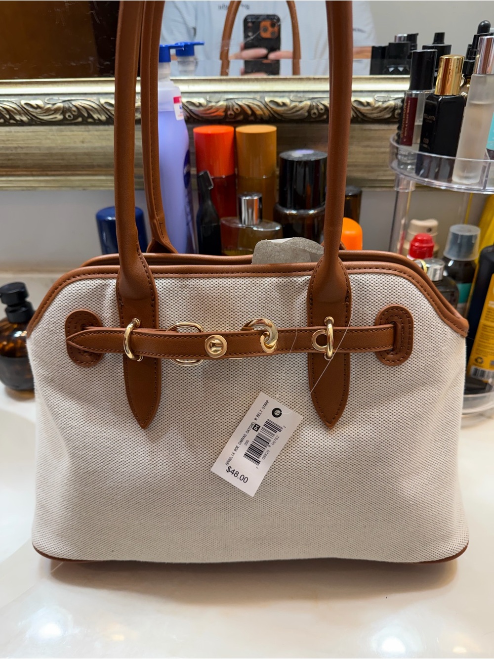 Cream Canvas Tote with Brown Leather Trim